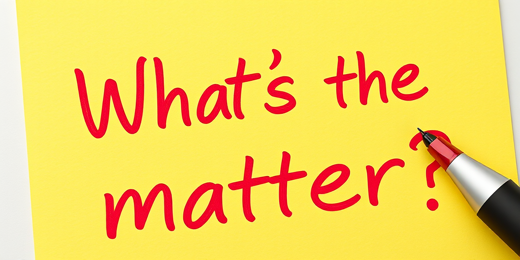 Yellow post-it note, hand written in red pen text "What's the matter??", 3d, hd, hyper realistic,