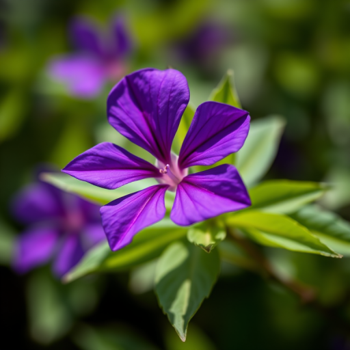 Close-up shot of a vibrant purple flower with green leaves in a blurred background, using a DSLR camera with a 50mm lens, aperture set to f/1.8 for shallow depth of field, ISO 200, and natural daylight for enhanced detail and contrast.
