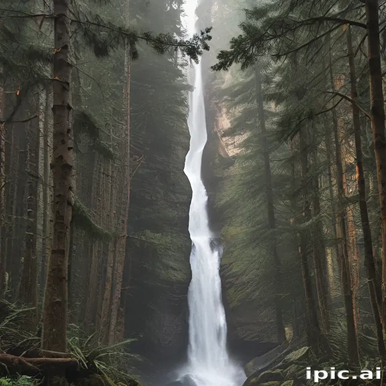 Majestic Waterfall Cascading Through Lush Forest in a Misty Atmosphere
