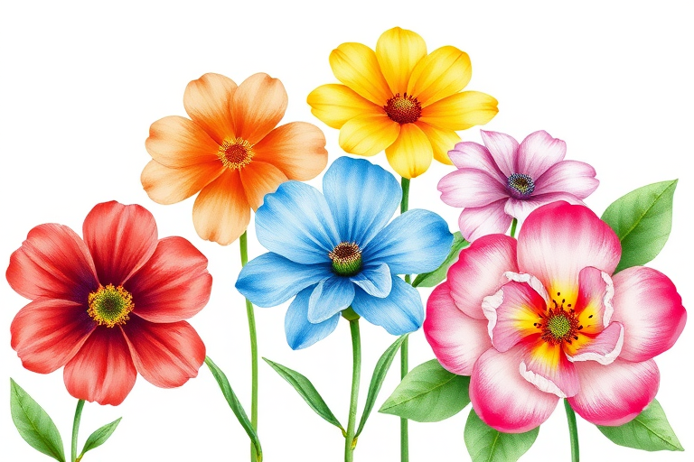 Regenerate a vibrant watercolor illustration of five flowers, featuring red, orange, yellow, blue, and pink blooms with green leaves in a minimalist style, using a Canon EOS R5 with a 50mm f/1.2 lens, aperture set to f/2.8, ISO 100, and soft natural lighting for enhanced color saturation and detail.