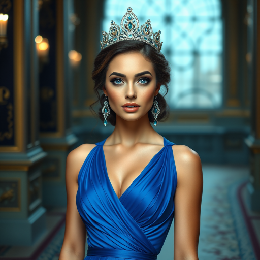 A gorgeous woman in a luxurious blue gown, accessorized with a dazzling tiara and statement earrings, her deep blue eyes highlighted by impeccable makeup, poised in a royal setting, photorealistic, 8K quality