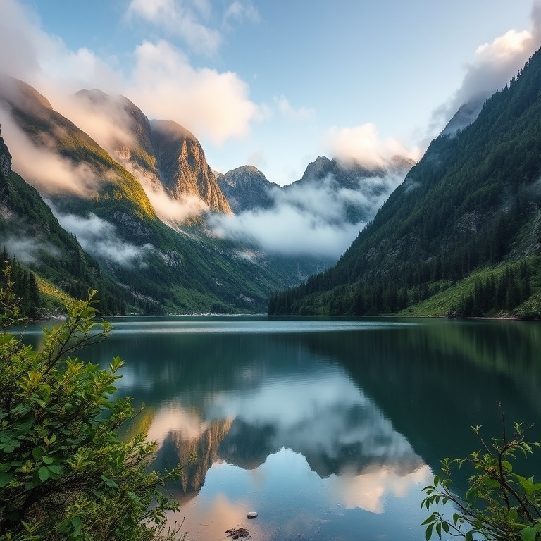 capture a serene mountain lake surrounded by lush greenery and misty peaks, low angle view, wide aperture f/2.8, shutter speed 1/250s, ISO 100, DSLR camera, HDR high dynamic range, natural lighting
