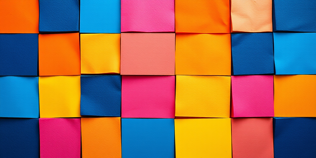 Create a vibrant grid pattern consisting of various colored squares including blue, orange, pink, yellow, and dark blue, captured with a DSLR camera at f/8 aperture, ISO 200, 1/250 shutter speed, top-down perspective, using a macro lens for sharp detail and vivid colors.