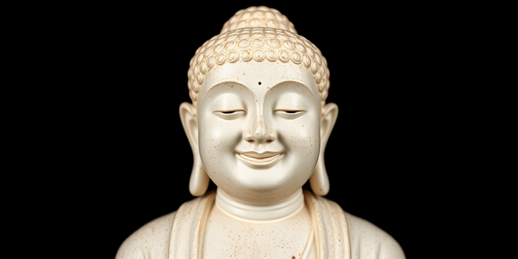 Create a high-resolution image of a smiling Buddha statue, centered against a black backdrop, using a DSLR camera with a 50mm lens, aperture f/2.8, ISO 100, shutter speed 1/100s, soft lighting to enhance texture and details.