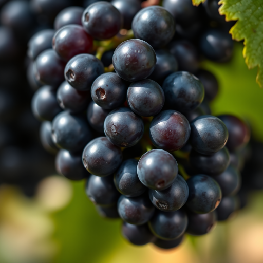 create a high-resolution close-up image of a cluster of dark grapes with a soft focus background, using a Canon EOS 5D Mark IV, 50mm f/1.8 lens, aperture f/2.8, ISO 100, shutter speed 1/200s, with natural light for enhanced texture and detail.