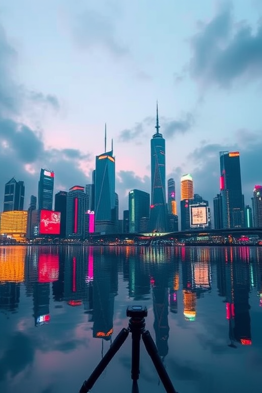 Create a high-resolution image of a futuristic city skyline at dusk, focusing on neon lights and reflections in water, using a Canon EOS R5 with an f/1.8 aperture, 50mm lens, ISO 100, and a tripod for stability.