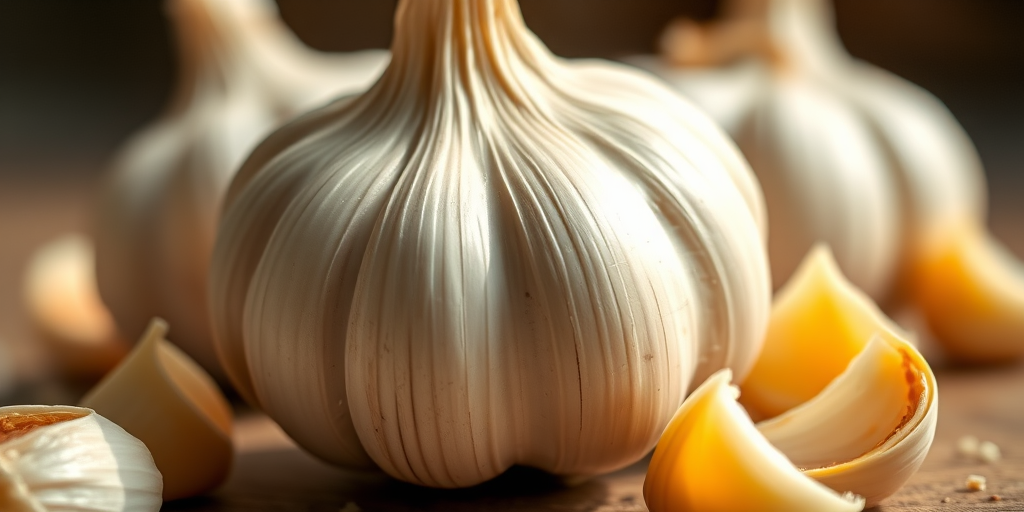 Create a highly detailed and realistic image of a garlic bulb with separated cloves, photographed with a Canon EOS R5 at f/2.8, 50mm lens, in natural soft light, with a shallow depth of field to enhance texture and clarity.