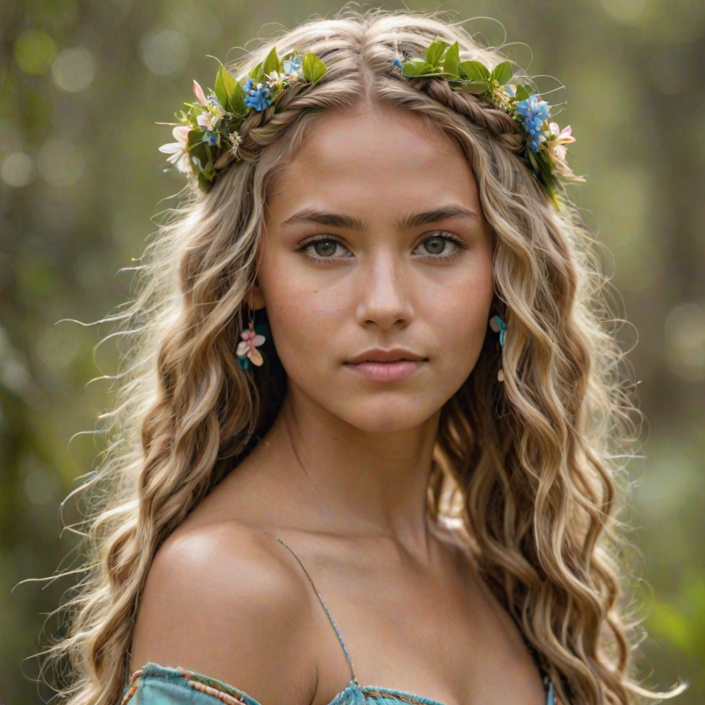 Create an image of a young Guarani woman with long, wavy blonde hair, adorned with small, colorful flowers woven into her braids and loose strands. Her complexion is fair, with soft, glowing skin, and she has light blue eyes that gaze softly at the viewer. She wears a light, flowing dress with a gentle, ethereal quality, complementing her delicate and serene appearance. The background is slightly blurred, drawing focus to her tranquil expression and the intricate details of the flowers in her hair. The overall mood of the image is one of natural beauty and grace, evoking a sense of peacefulness and connection with nature.