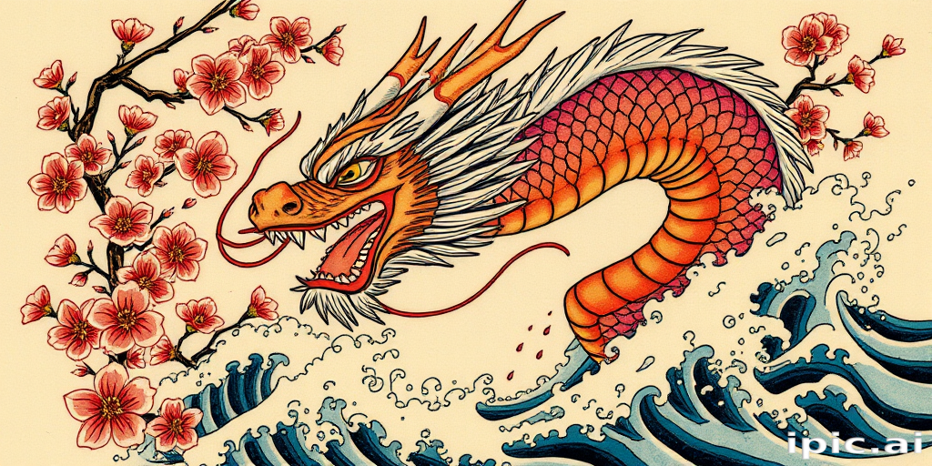 Japanese irezumi tattoo named "Dragon's Breath" showcasing a fierce dragon emerging from cherry blossoms and crashing waves in rich traditional colors and bold outlines