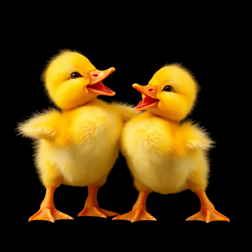 Generate a vibrant cartoon image of two cheerful yellow ducklings playfully engaging with each other against a solid black background, captured with a Canon EOS R5 camera, 50mm lens, f/2.8 aperture, 1/250s shutter speed, using vibrant colors and high contrast for enhanced image quality.