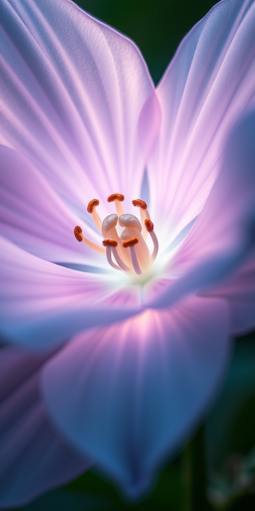 Create a highly detailed image of a luminous, ethereal flower with glowing petals and radiant core, shot with a Canon EOS R5 at f/1.8, ISO 100, 50mm lens, in a macro view, using soft focus and long exposure techniques to enhance the light effects.