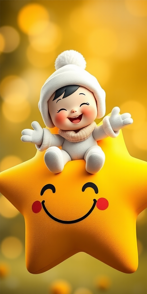 Create an image of a cute cartoon character resembling a child in a white hat and gloves, joyfully sitting on a large, smiling yellow star, with a soft focus background, using a DSLR camera set to f/2.8 aperture, 50mm focal length, and ISO 100 for vibrant colors and sharp details.