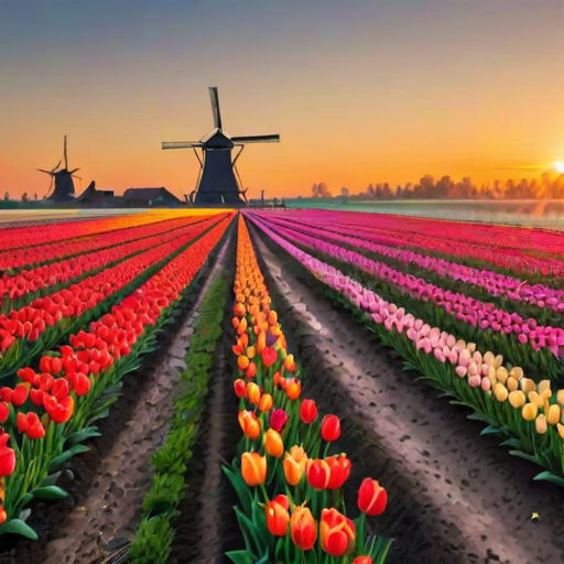 Soft-focus image of a field of tulips in full bloom at sunrise, soft golden light illuminating the vibrant colors, with distant windmills silhouetted against the morning sky and a sense of calm filling the air.