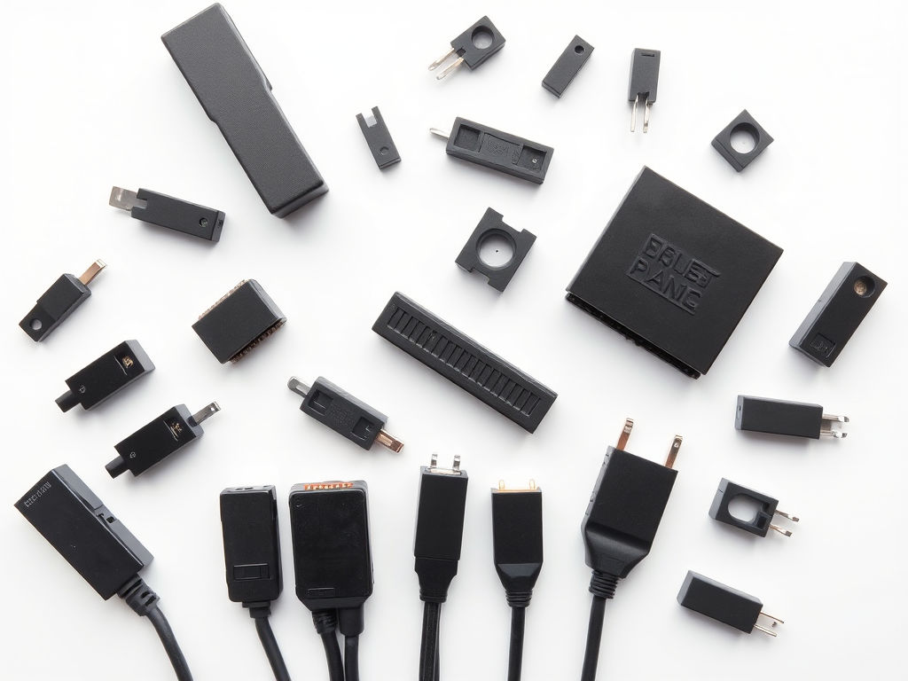generate a high-resolution image of various black electronic connectors and terminals arranged aesthetically on a clean white background, camera settings: f/8 aperture, 1/125s shutter speed, ISO 200, camera view: top-down perspective, camera style: macro photography, camera type: DSLR