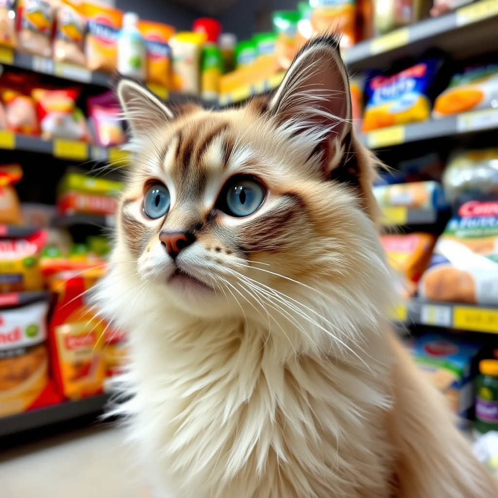 A fluffy cat with striking blue eyes and a cream and gray coat is looking curiously to the side in a store filled with various food items and colorful packaging in the background.