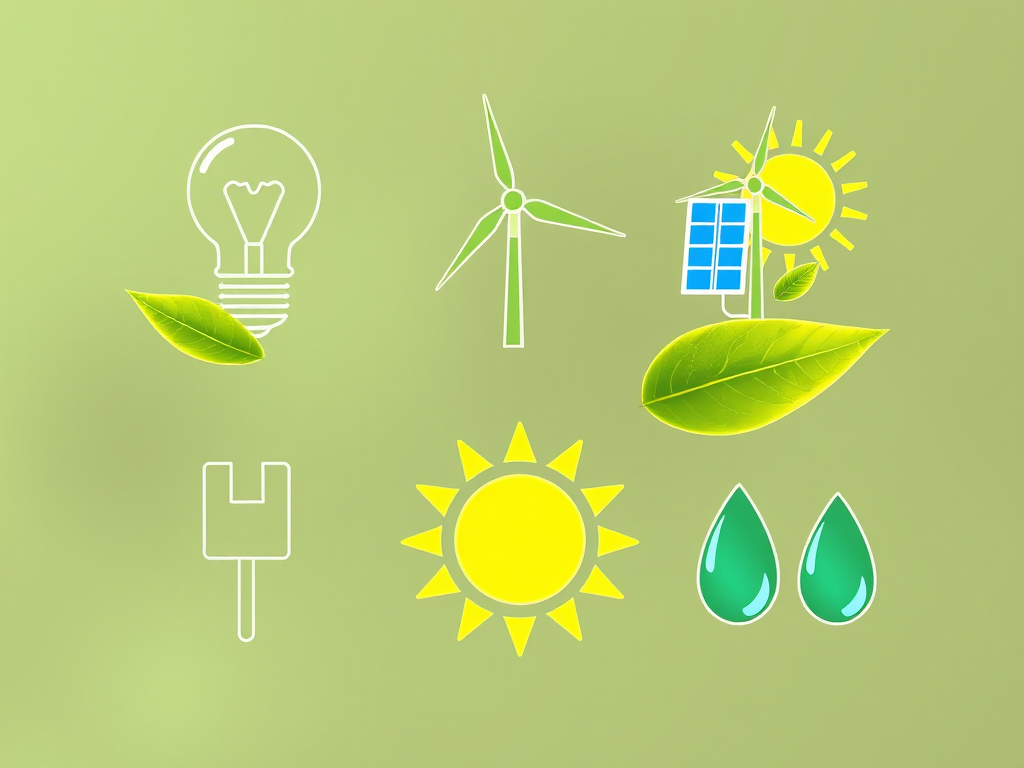 Create a high-resolution digital illustration of six eco-friendly energy icons, featuring a light bulb, wind turbine, solar panel, power plug, sun, and water droplets, all integrated with green leaves, using a Canon EOS 5D Mark IV with a 50mm lens, f/8 aperture, 1/200 shutter speed, natural light, and a slight vignette effect.