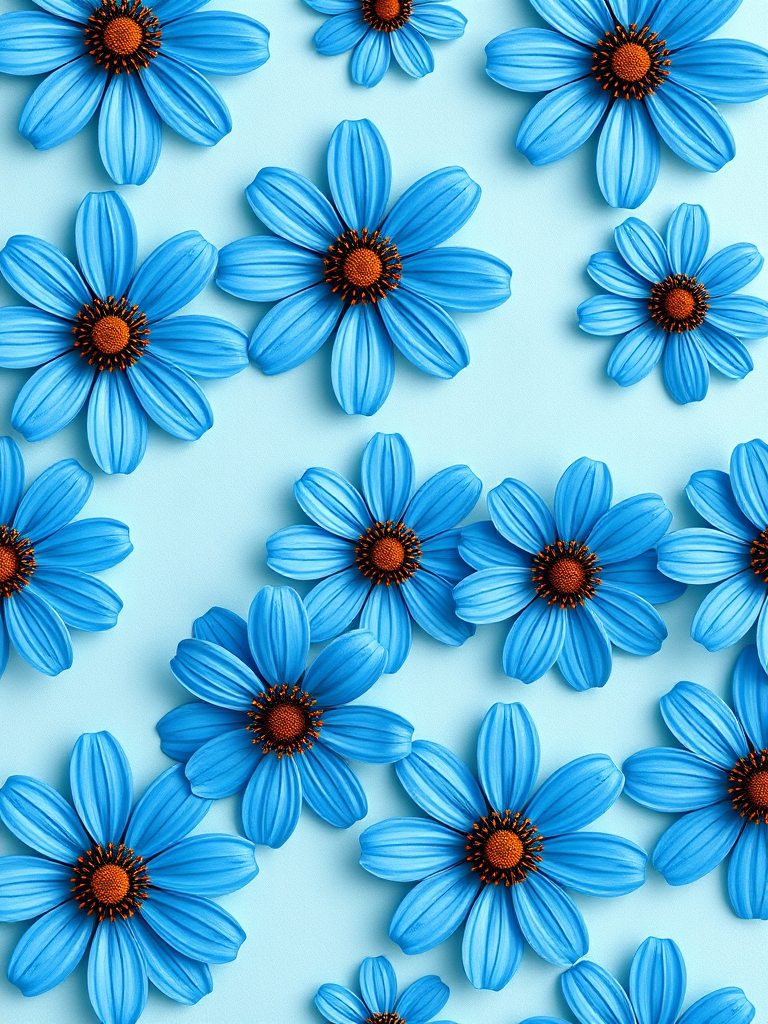 create a seamless pattern of stylized blue flowers with brown centers on a light blue background, using a professional DSLR camera with a 50mm lens, aperture f/2.8, ISO 100, shot in natural light for enhanced color vibrancy and detail.