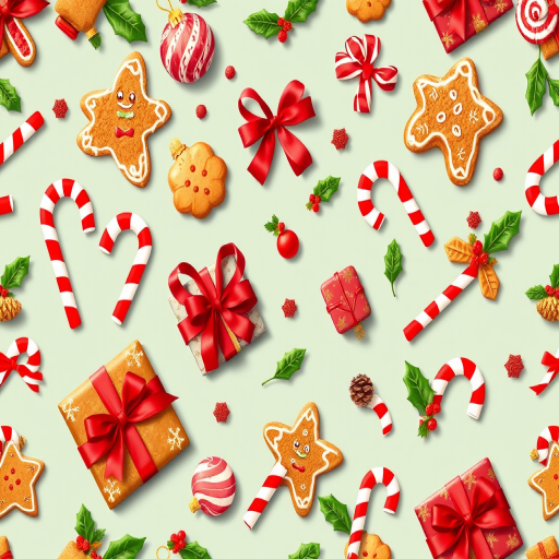 create a seamless pattern of festive Christmas elements including gingerbread cookies, presents, ornaments, candy canes, and holly leaves with bright and vibrant colors, high-resolution 300 DPI, taken with a Canon EOS 5D Mark IV, 50mm lens, f/4 aperture, natural lighting, top-down view for enhanced depth and detail