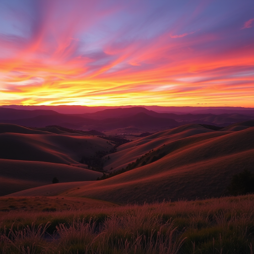 Generate a high-resolution image of a serene landscape featuring rolling hills and a vibrant sunset sky with rich colors, using a DSLR camera with a 50mm lens, aperture set to f/1.8, ISO 200, shutter speed of 1/250 seconds, in landscape orientation for enhanced depth and detail.