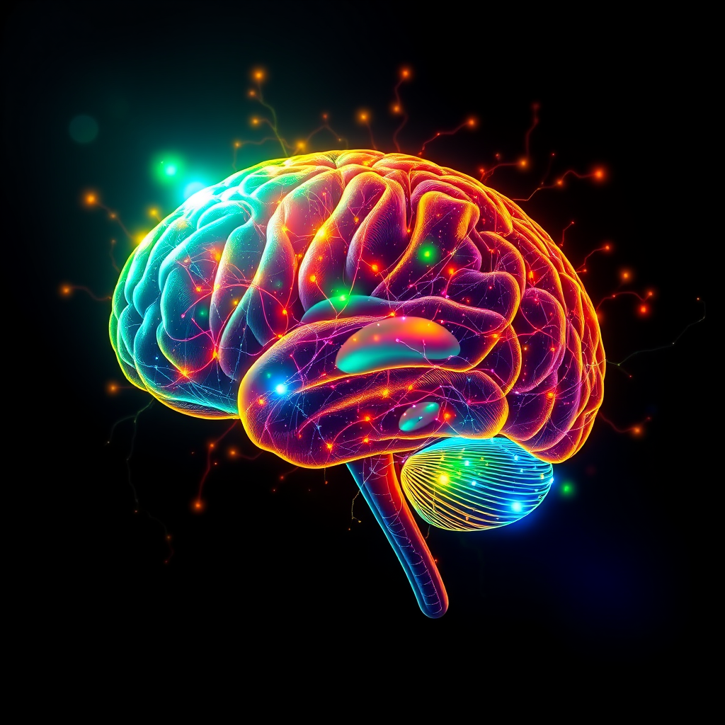Create a vibrant illustration of a human brain with colorful neural connections and light effects in a dark background, captured with a Canon EOS R5, using a 50mm f/1.8 lens, at ISO 100, aperture f/8, and a long exposure to enhance the glow and details.