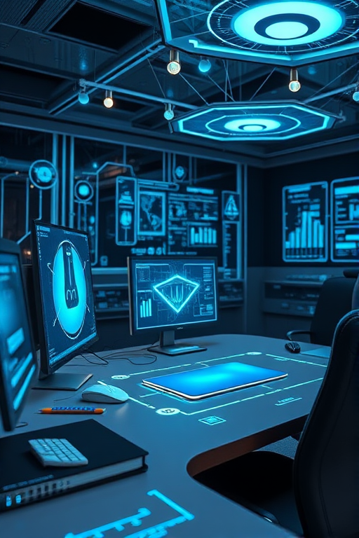 Create a futuristic technology-themed workspace with digital interfaces displaying network connections, geometric shapes, and glowing blue elements, using a Canon EOS R5 camera, 24mm lens, f/2.8 aperture, ISO 100, natural lighting, and a wide-angle perspective.