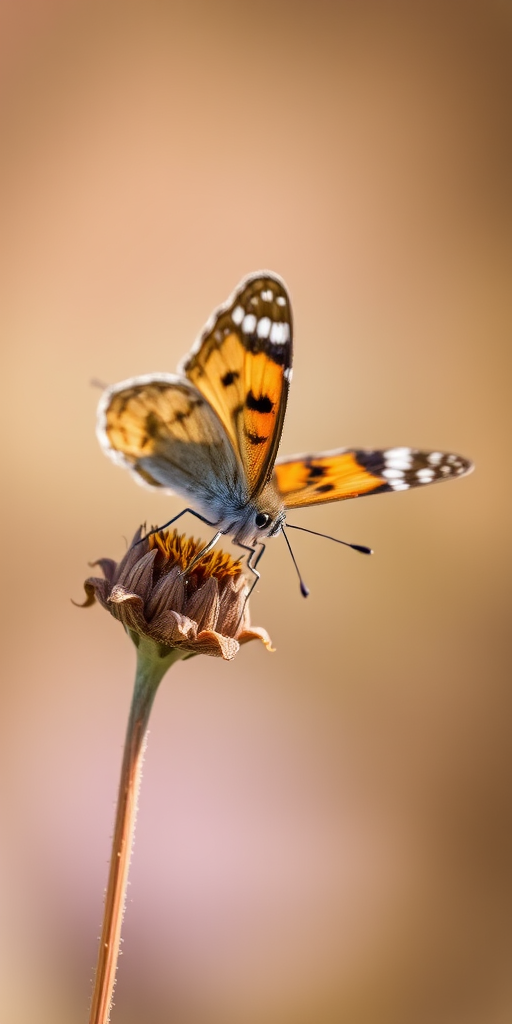 macro shot of a butterfly perched on a dry flower with a soft blurred background, aperture f/2.8, shutter speed 1/200s, ISO 100, 85mm lens, natural light, focus on the butterfly's textures and colors