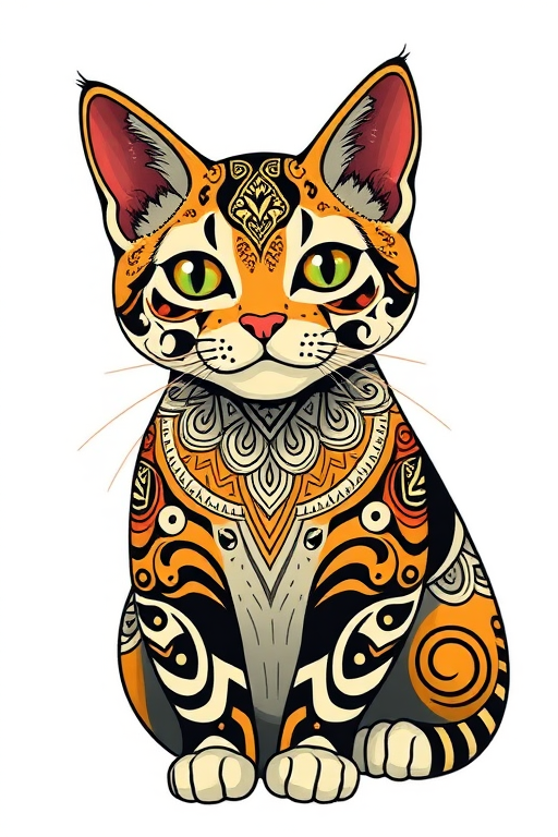 Create an illustration of a stylized cat with intricate patterns, using a Canon EOS R5, 50mm lens, f/1.8 aperture, and 1/200 sec shutter speed, with a soft-focus background to enhance the subject's detail and vibrancy.