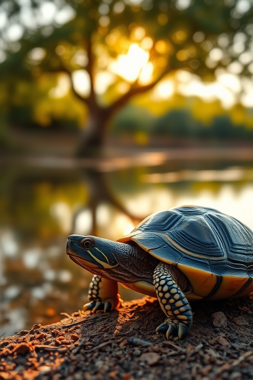macro photography of a turtle by a pond with a tree in the background during golden hour, aperture f/2.8, shutter speed 1/100 sec, ISO 200, 85mm lens, soft focus background, natural sunlight illuminating the scene