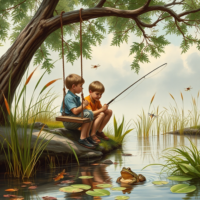 Imagine a small group of old fashioned young boys out fishing by the creek, a swing hanging from a tree branch, reeds and grasses by the water's edge, a frog sitting on a lily pad, dragonflies hovering over som water plans, a very iconic old fashioned scene reminiscent of a Norman Rockwell painting style