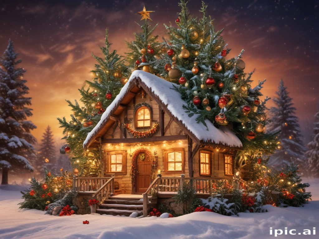 A Cozy Christmas Cabin Surrounded by Festive Trees and Snow.