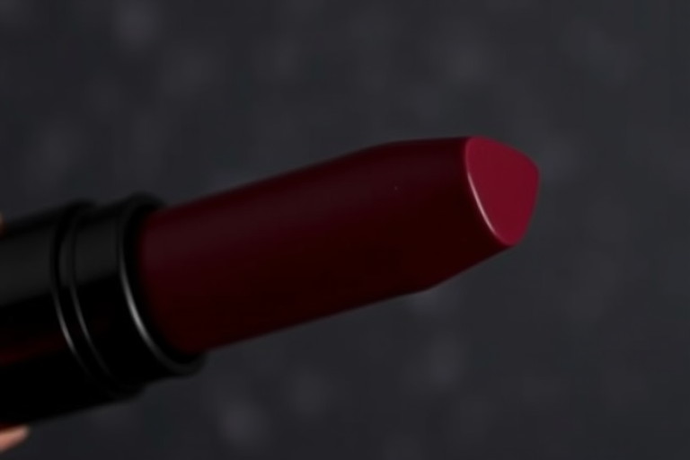 Deep burgundy matte lipstick "Midnight Velvet" with a velvety texture and rich pigmentation, ideal for formal events and dramatic looks, infused with moisturizing oils