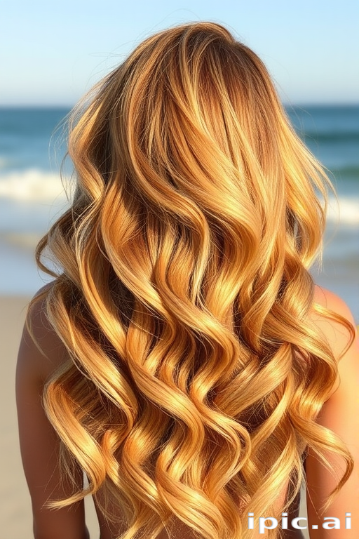 Sunlit Honey Harvest glows with golden blonde tresses interwoven with caramel and amber highlights, styled in voluminous beach waves that capture the essence of summer