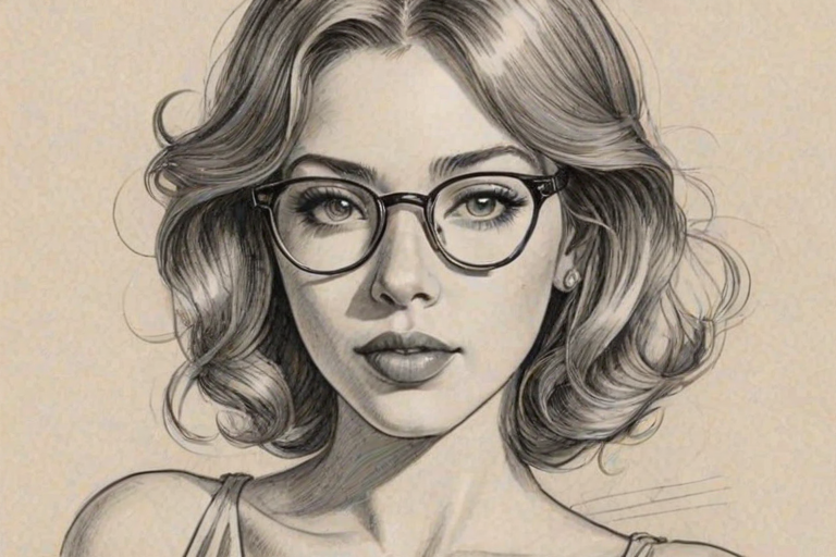 Elegant Elena Satine, pencil sketch, portrait of Charming woman 1920s in glasses, hair style beatnik, outline, clear lines, fine lines, 8k