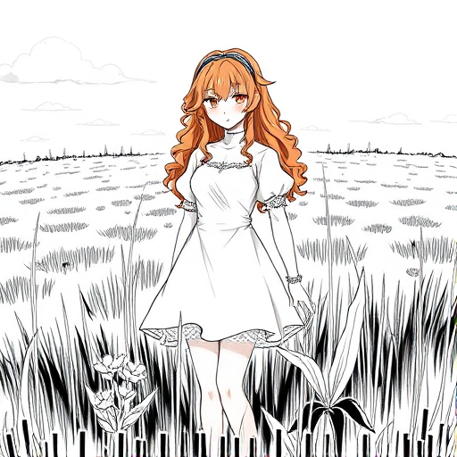 safe, sketch, monochrome, greyscale, 1girl, solo, long hair, curly hair, wavy hair, orange hair, orange eyes, looking at viewer, breasts, dress, white dress, puffy sleeves, puffy short sleeves, short sleeves, gloves, elbow gloves, white gloves, cowboy shot, closed mouth, standing, outdoors, field, flower, grass, plant, sky