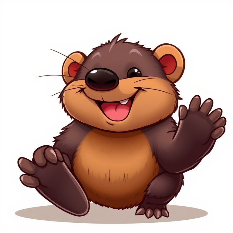 Create a cartoon-style illustration of a playful mole, showcasing its large claws and friendly expression, with vibrant colors and a bright background, using a DSLR camera with an aperture of f/4, shutter speed of 1/250s, ISO 100, shot from a slightly low angle to emphasize the mole's features.
