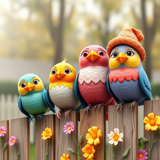 create a scene of 4 quirky  whimsical colourful comical birds each with a funny expression. they are sat on a wooden fence with colourful flowers. they are all different sizes. each one is a different colour  one is wearing a woolly hat. Each one has a different quirky google expression and there is a muted background of trees watercolour paintierly style high definition 8k resolution 3D paper mache
