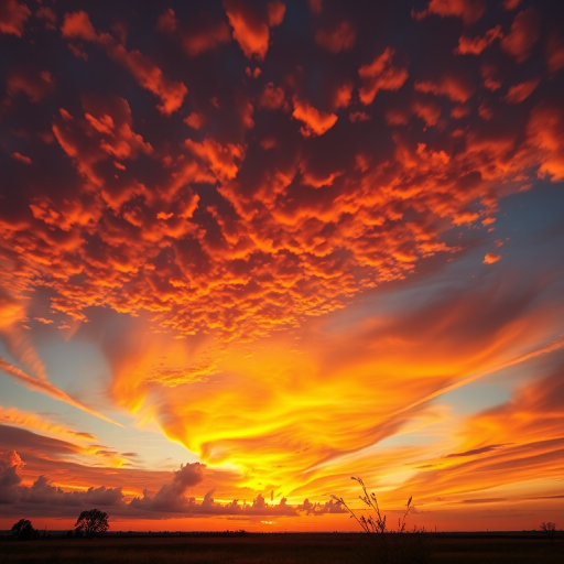 Generate a vibrant sunset landscape with rich colors and detailed clouds, using a Canon EOS R5, 50mm lens, f/8 aperture, ISO 100, 1/125s shutter speed, shot from a low angle perspective to enhance foreground elements and capture the expansive sky.
