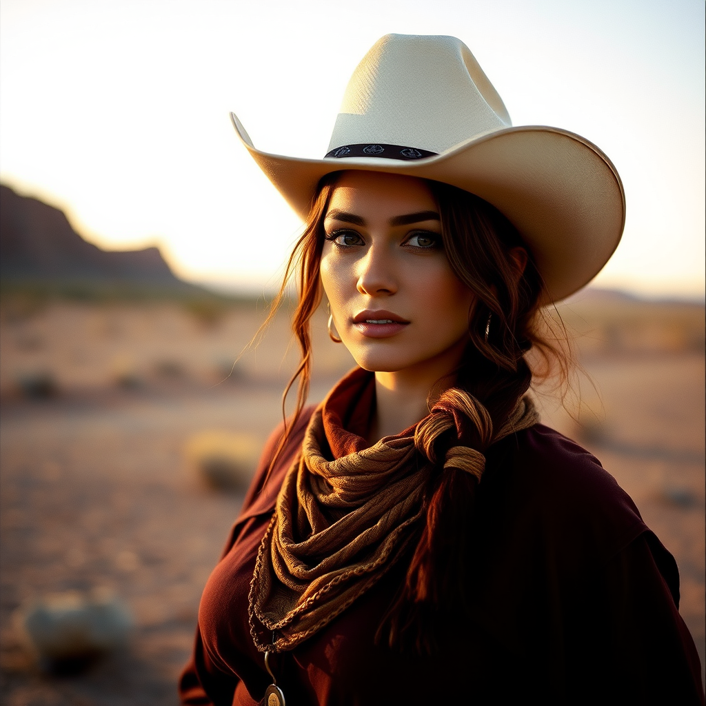 Dramatic photo of a beautiful Georgian woman, classic cowboy attire, confident and free spirit expression, half-length portrait, centered, golden hour desert landscape, warm, diffused light, low angle, medium format film camera, in style of Annie Leibovitz.