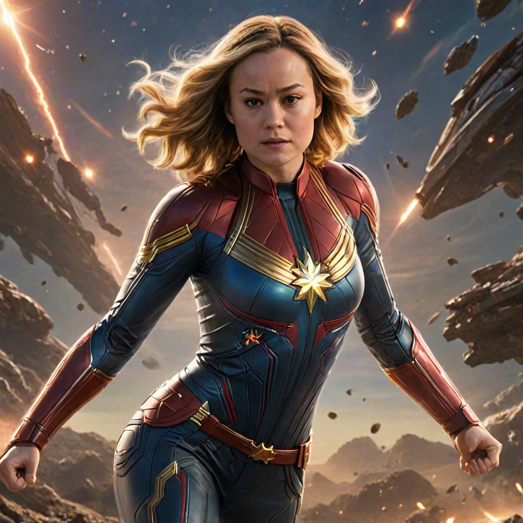 Powerful image of Brie Larson, Captain Marvel's cosmic hero, with her determined expression and glowing fists, soaring through a star-filled galaxy, leaving a trail of energy in her wake as she battles alien spaceships