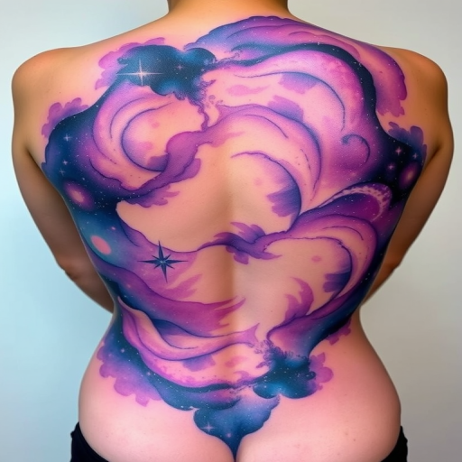Dreamy watercolor galaxy tattoo with swirling nebulas and twinkling stars, blending vibrant purples and blues seamlessly into the skin, covering the entire back in a cosmic masterpiece