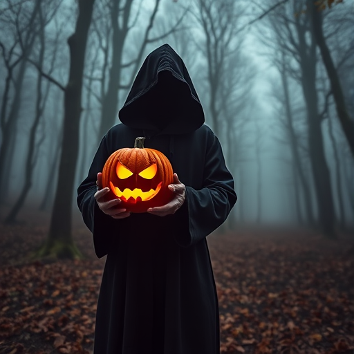 Create a haunting scene of a cloaked figure holding a carved pumpkin in a foggy forest with eerie trees and scattered autumn leaves, using a DSLR camera, 50mm lens, f/1.8 aperture, ISO 200, 1/125s shutter speed, low-angle view, soft focus style, and enhanced lighting for dramatic effect.