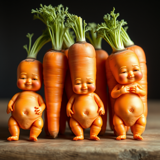 A bunch of carrots in the form of anthropomorphic babies.