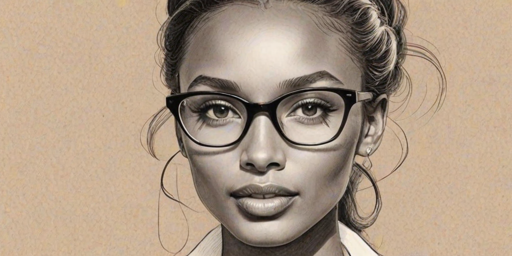 Radiant Jasmine Tookes, pencil sketch, portrait of Stunning woman 1950s in glasses, hair style beatnik, outline, clear lines, fine lines, 8k