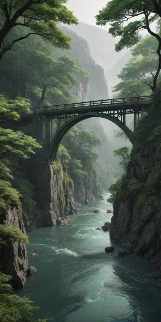 natural lighting, raining, fantasy, bridge focus, CandiBRIDGE, no humans, mountain, water, river, forest, east asian architecture, bridge, tall trees, leaf, from above, negative space, scenery, intricately detailed illustration, depth of field, atmospheric perspective, realistic shading, green theme, monochrome, selective coloring