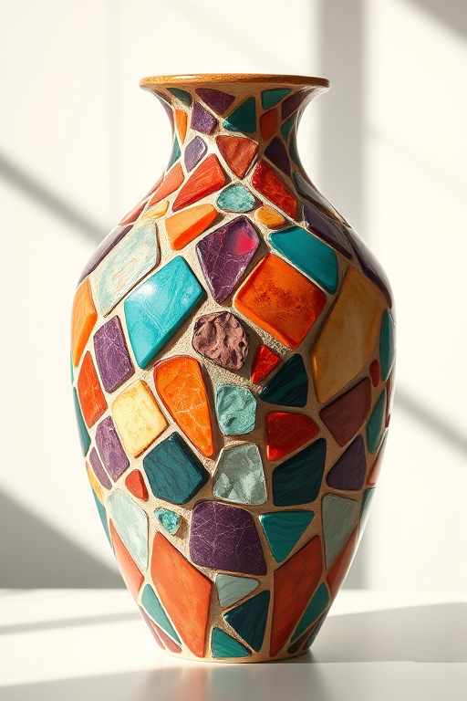 Create a high-resolution illustration of a geometric vase with a mosaic pattern of red, teal, orange, and purple stones, captured in natural lighting, using a Canon EOS R5 with a 50mm f/1.2 lens at ISO 100, aperture f/4, and a shallow depth of field for a soft background blur.