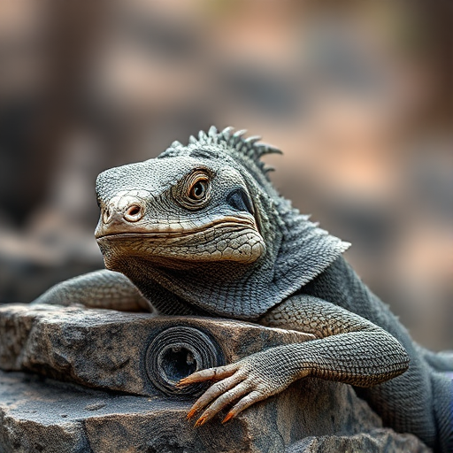 Regenerate the image of a Komodo dragon resting on a rock, using a Canon EOS 5D Mark IV, 85mm lens, f/2.8 aperture, ISO 200, natural lighting, shallow depth of field, and a close-up angle to enhance detail and texture.