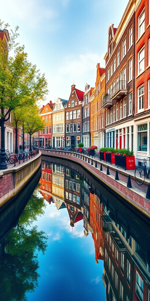 Create a vibrant watercolor illustration of Amsterdam's iconic canal houses along a serene waterway, emphasizing the reflections in the water, using a Canon EOS R5 with a 24mm f/1.4 lens at ISO 100, aperture f/8, and a shutter speed of 1/125 sec, in a wide-angle view with soft, natural lighting.