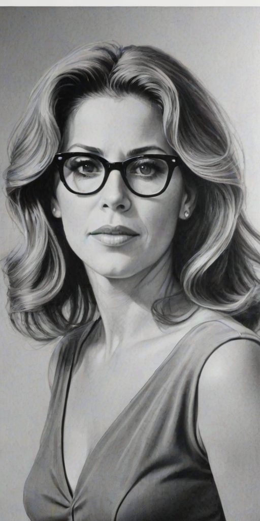 Charming Rita Wilson, pencil sketch, portrait of Charming woman 1954s in glasses, hair style beatnik, outline, clear lines, fine lines, 8k