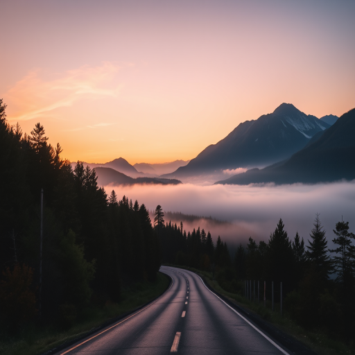 a scenic road at sunset surrounded by trees and mountains, with a misty atmosphere, captured using a DSLR camera, aperture f/8, ISO 100, shutter speed 1/125 sec, 24mm lens, wide-angle view, natural lighting