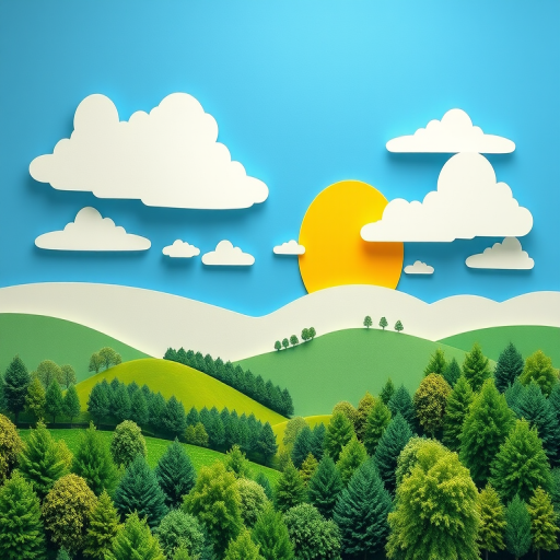Create a vibrant paper-cut style landscape with a bright blue sky, fluffy white clouds, a large yellow sun, green rolling hills, and various green trees in the foreground, shot with a DSLR camera at f/8, ISO 100, 24mm lens, wide-angle view for enhanced depth of field and clarity.